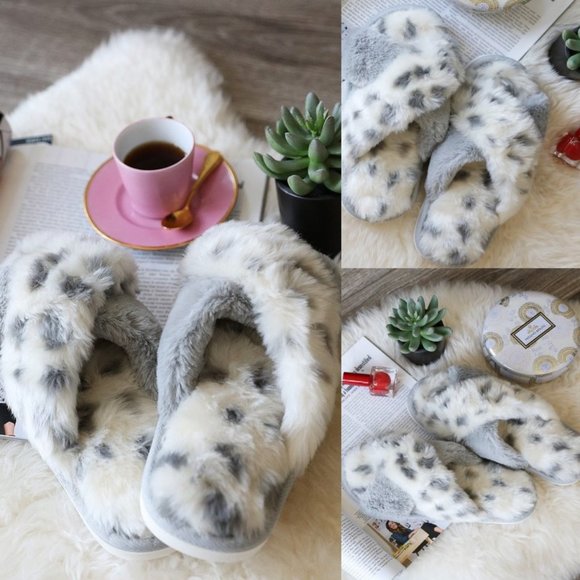Fur Leopard Slippers Gray & White - Picture 6 of 12
